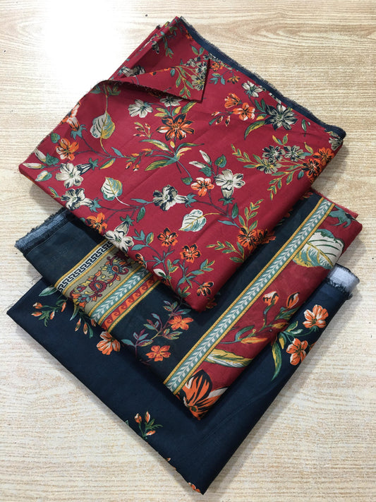 3PC Unstitched Crimson Night – Red & Navy Floral Lawn Set