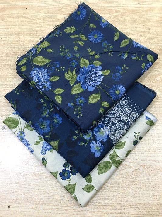 3PC Unstitched Midnight Petals – Navy Blue Floral Lawn