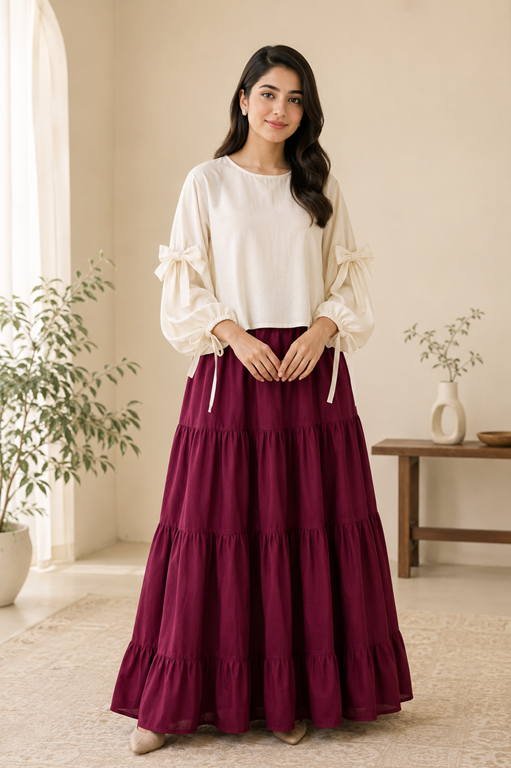 Elegant ivory bow-sleeve top with a maroon tiered maxi skirt. A timeless modest outfit for college, casual wear, brunch, and everyday elegance.