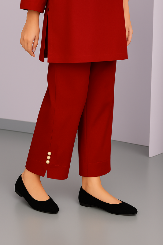 Embellished Trousers with Cut Work & Pearl Buttons | Stylish | Summer Friendly