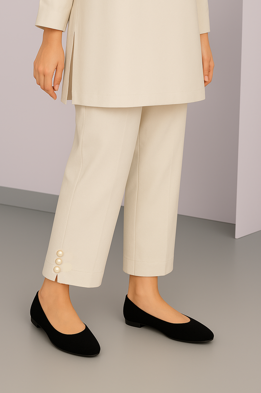 Pack of 3 Trouser with Cut Work & Pearl Buttons White-Black-Beige