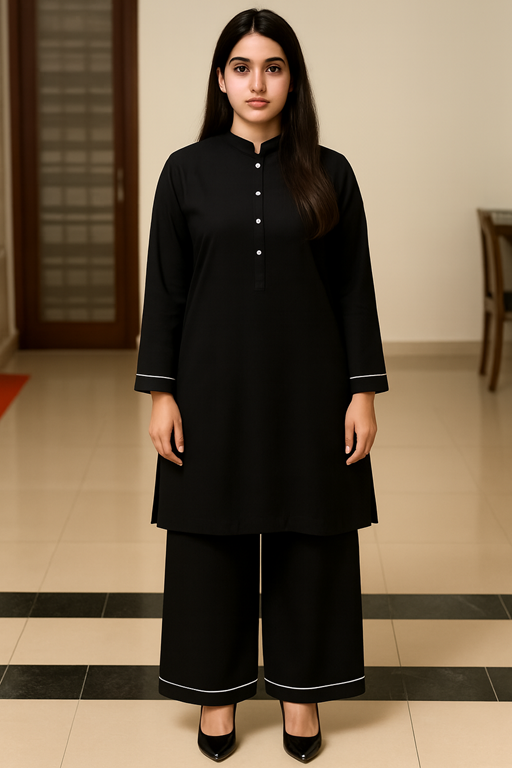 khaddar band collared shirt and palazzo with piping black