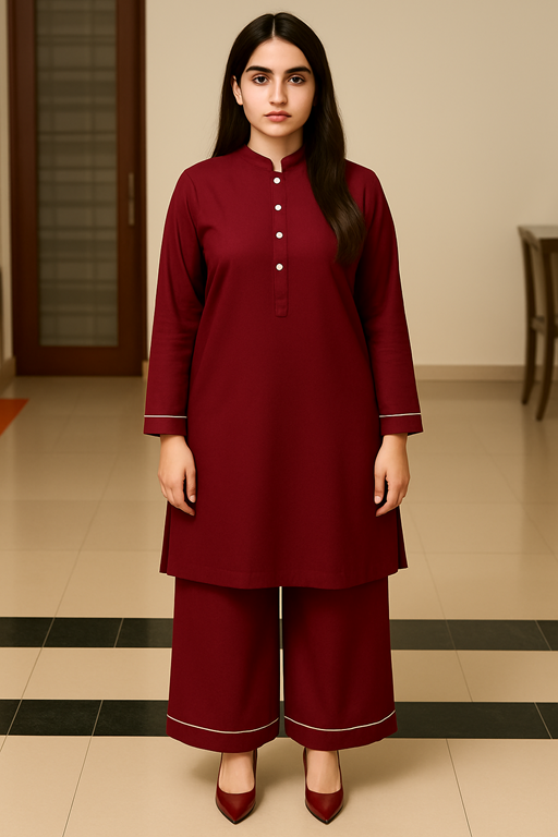 khaddar band collared shirt and palazzo with piping maroon