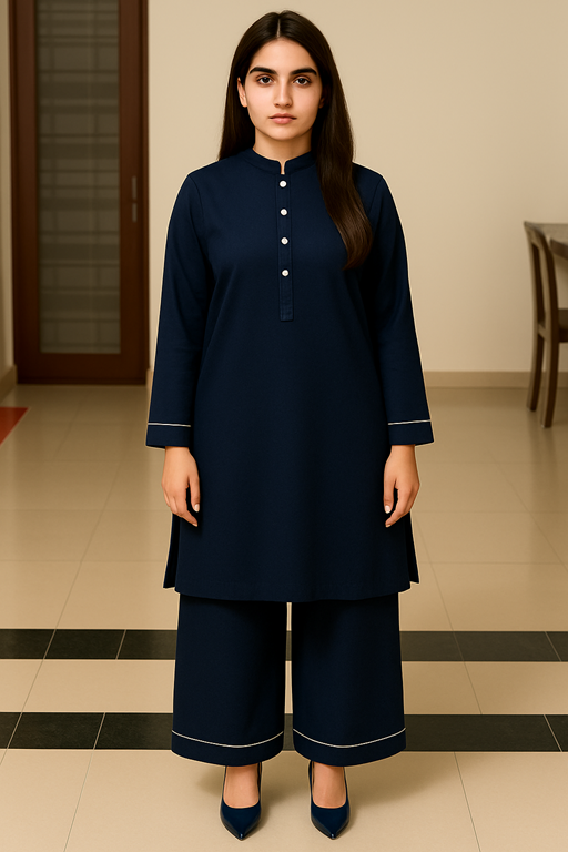 khaddar band collared shirt and palazzo with piping navy blue