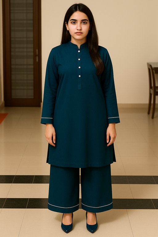 khaddar band collared shirt and palazzo with piping teal