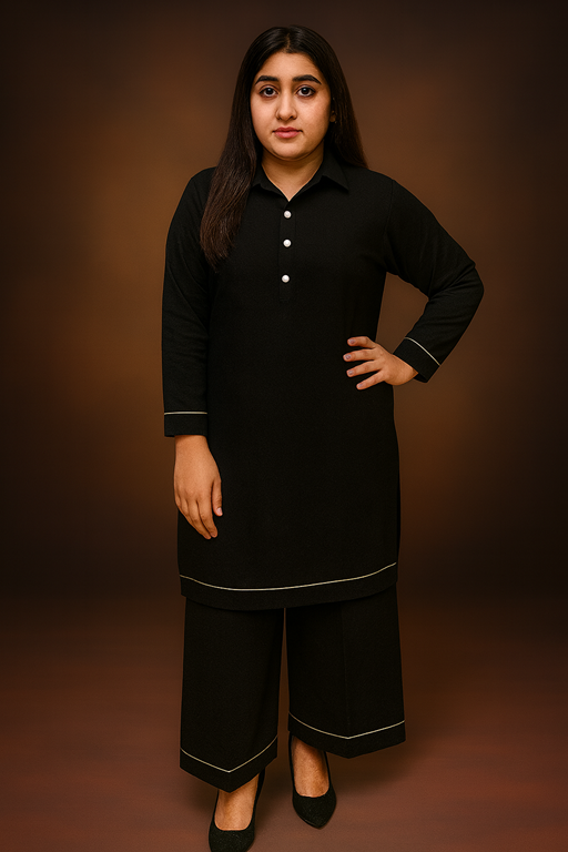 khaddar full collared shirt and palazzo with piping black