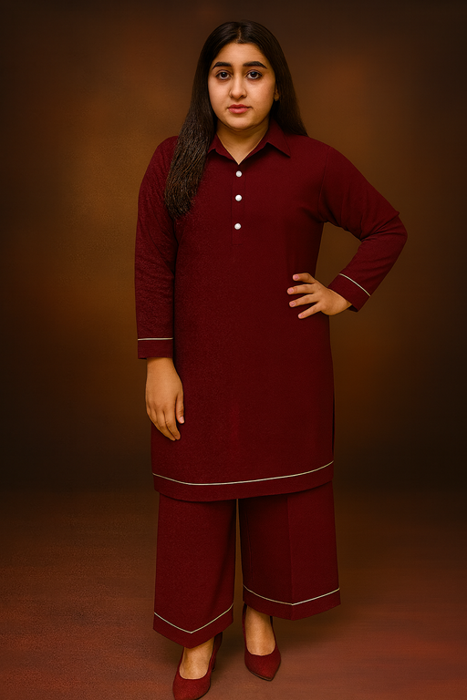 khaddar full collared shirt and palazzo with piping maroon