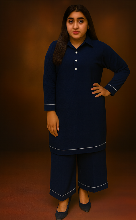 khaddar full collared shirt and palazzo with piping navy blue