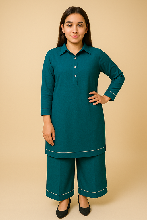 khaddar full collared shirt and palazzo with piping teal