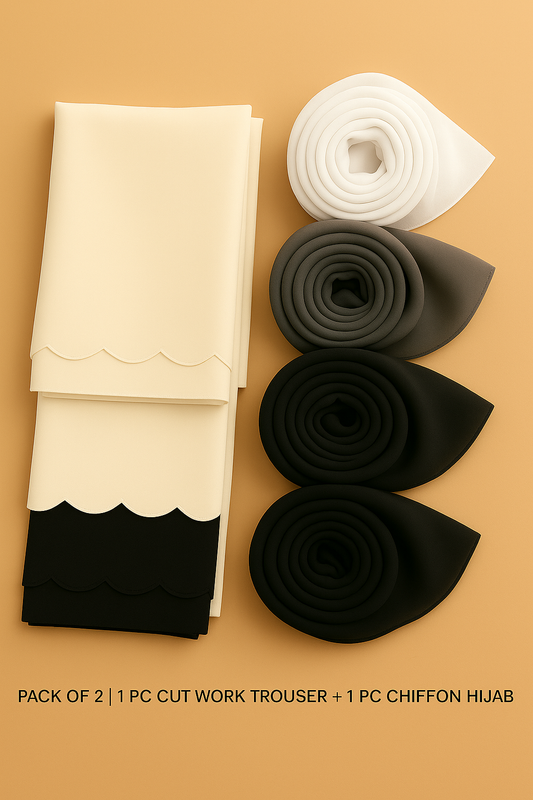 Custom pack of 2 - 1 Trouser with cut work (White Black) - 1 Hijab of your choice