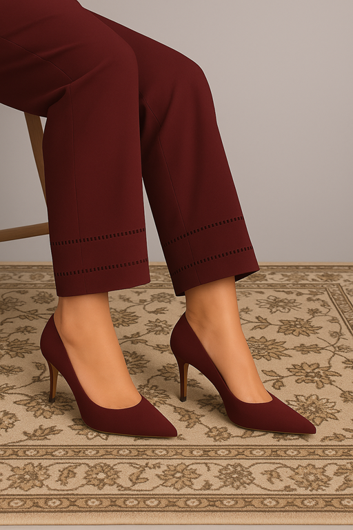maroon cigarette trouser with embroidery lace on hems