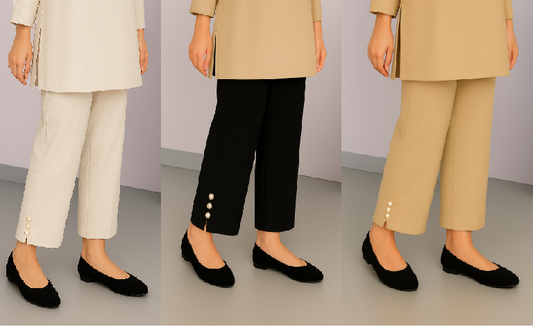 Pack of 3 Trouser with Cut Work & Pearl Buttons White-Black-Beige
