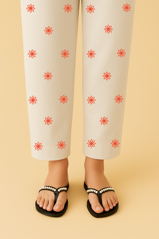 Printed Trouser with White Base and Floral Prints