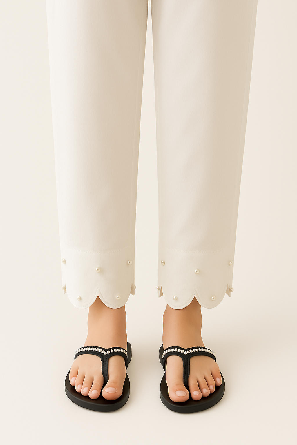 Trouser with Cut Work & White Pearls