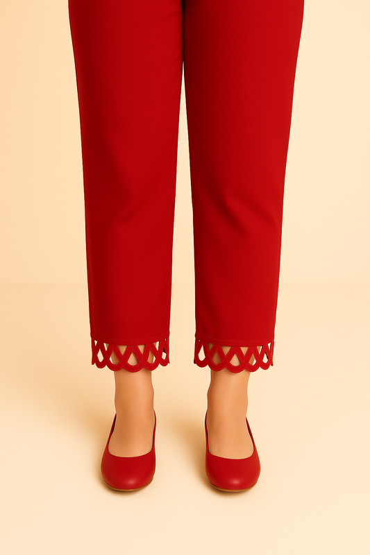 Embellished Trousers with Cut Work Ribbon Lace on Hems | Premium Cotton