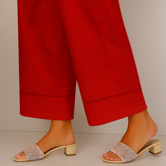 trouser with pintuck pleats and embroidery line red